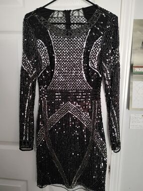 Front Row by Sara and Goldy Metallic Striped Beaded Sequin Mini Dress.